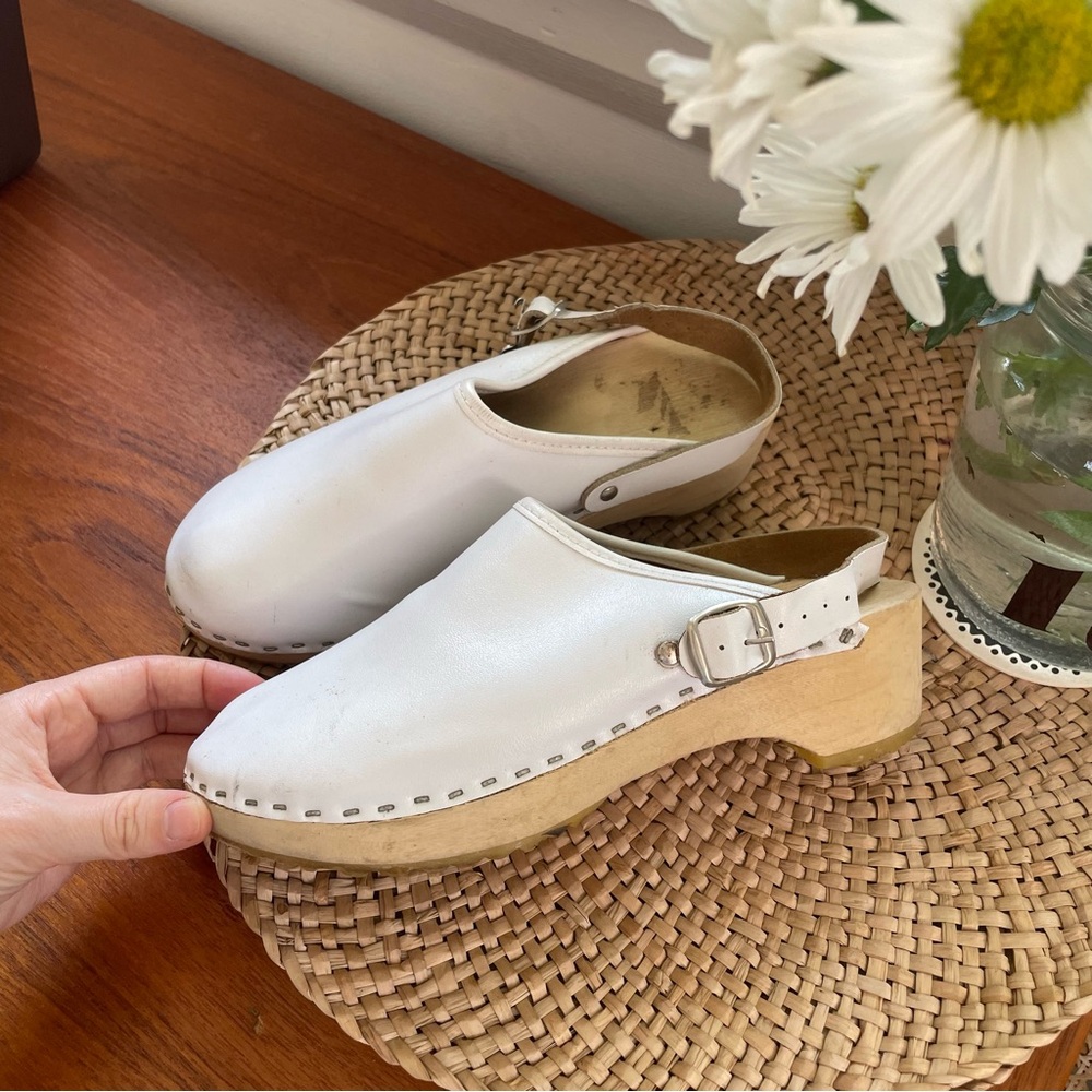 White Leather Swedish Clogs - Picture 1 of 7